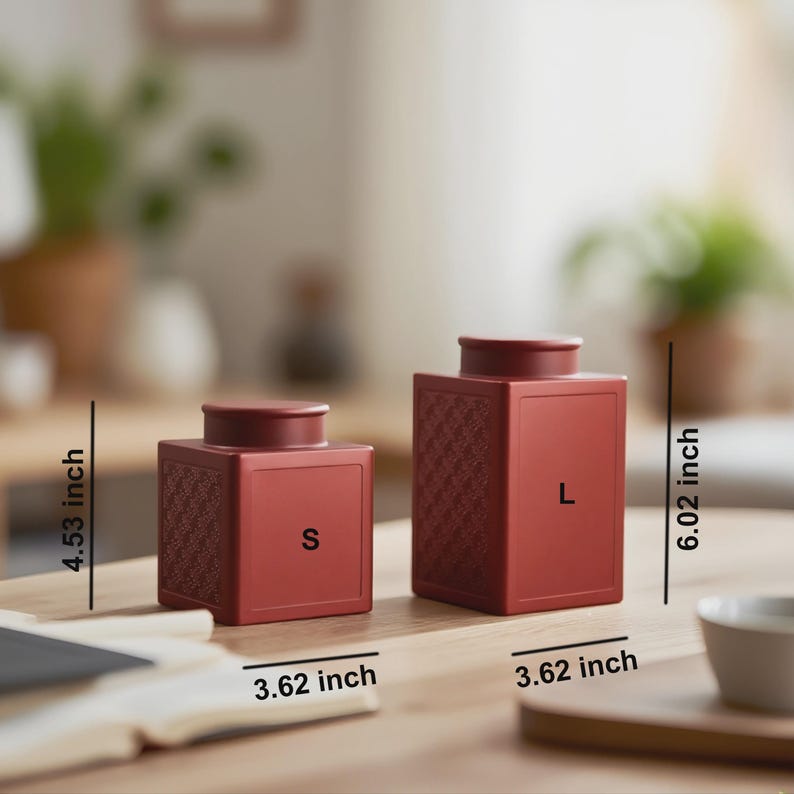 Peut inclure: Deux bo&icirc;tes carr&eacute;es rouges, &eacute;tiquet&eacute;es "S" et "L". La petite mesure 11,5 cm de haut, la grande 15,3 cm. Les deux font 9,2 cm de large. Elles pr&eacute;sentent un motif textur&eacute; sur les c&ocirc;t&eacute;s.