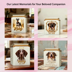 May include: Four square white pet memorial urns with gold trim. Each features a custom dog portrait, name, and dates. One shows a Schnauzer named King, one a dog named Lola, one a Pointer named Holly with a halo, and one a dog named Teagan.