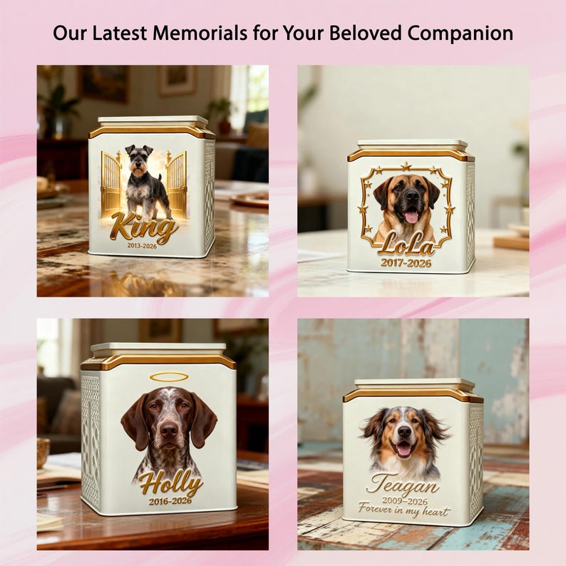 May include: Four square white pet memorial urns with gold trim. Each features a custom dog portrait, name, and dates. One shows a Schnauzer named King, one a dog named Lola, one a Pointer named Holly with a halo, and one a dog named Teagan.