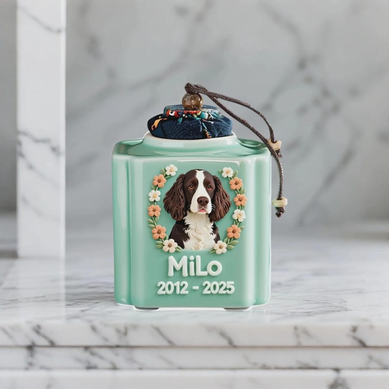 May include: A light green ceramic pet urn with a portrait of a dog surrounded by a floral wreath. The urn has the name "Milo" and the years "2012-2025" printed on it. The lid is topped with a patterned fabric and a brown cord.