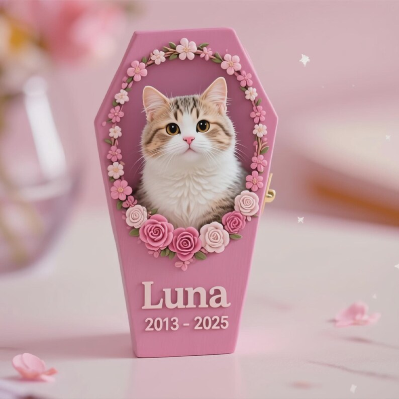May include: A pink, coffin-shaped pet memorial with a portrait of a cat surrounded by a floral wreath. The cat has brown and white fur and is looking directly at the viewer. The name "Luna" and the years "2013-2025" are printed on the front.
