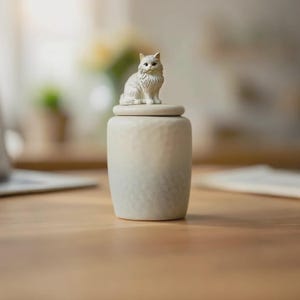 以下が含まれることがあります： クリーム色のセラミックジャーで、蓋の上に小さな猫のフィギュアが飾られています。猫は薄いグレーで、毛並みが細かく表現されています。ジャーは質感のある表面で、木製のテーブルの上に置かれています。