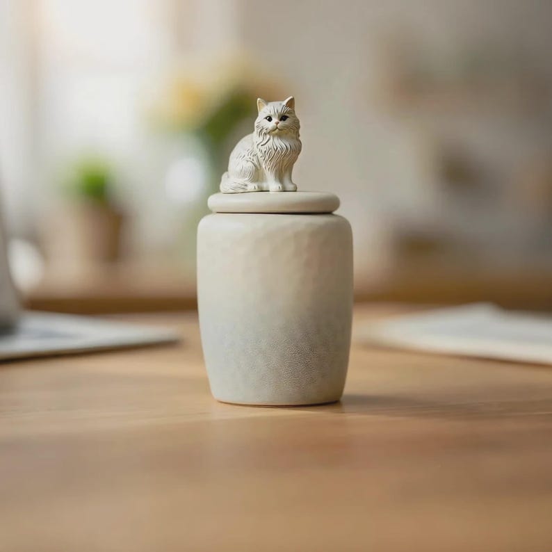 以下が含まれることがあります： クリーム色のセラミックジャーで、蓋の上に小さな猫のフィギュアが飾られています。猫は薄いグレーで、毛並みが細かく表現されています。ジャーは質感のある表面で、木製のテーブルの上に置かれています。