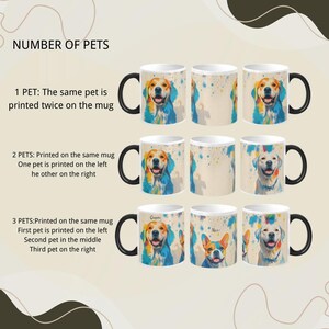 May include: Three white ceramic mugs with black handles. Each mug features a different watercolour painting of a dog. The first mug has one dog, the second mug has two dogs, and the third mug has three dogs. The mugs are arranged in three rows, with the first row having one mug, the second row having two mugs, and the third row having three mugs.