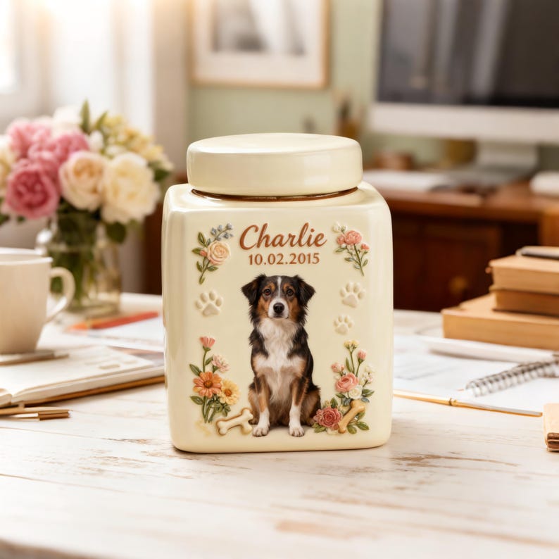 May include: Cream ceramic pet urn, square with a lid. It features a dog portrait, the name "Charlie" and the date 10.02.2015, with paw prints and floral designs. A bone-shaped detail is at the bottom. The urn is a memorial item.