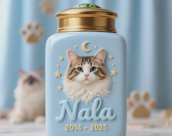 Urne à cendres de chat personnalisée avec motif lune et étoiles, urne 3D personnalisée pour portrait d'animal de compagnie, monument commémoratif de chat en céramique, cadeau de perte d'animal de compagnie, souvenir du souvenir
