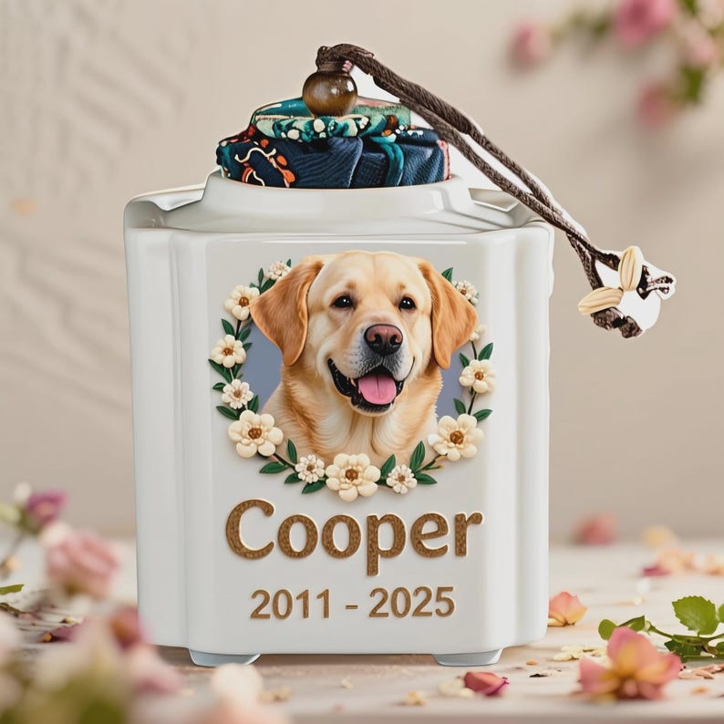May include: A white ceramic pet urn featuring a portrait of a yellow Labrador Retriever surrounded by a floral wreath. The name "Cooper" and dates "2011-2025" are displayed below the portrait. The urn has a decorative lid with a patterned fabric.