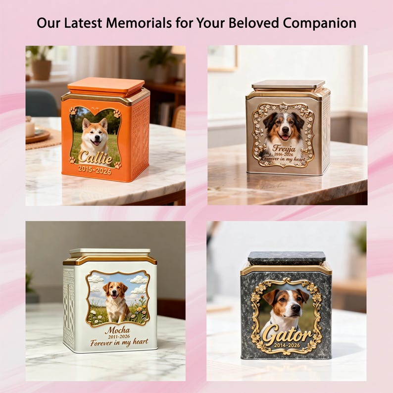 May include: Four square pet memorial urns with lids, each featuring a central photo frame displaying a dog, a name, and dates. The urns come in orange, metallic gold, white, and dark grey marble finishes, all with decorative gold-toned frames.