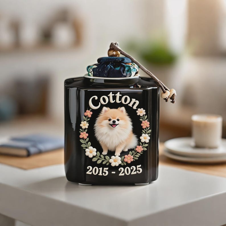 May include: Black ceramic pet urn with a Pomeranian illustration surrounded by a floral wreath. The word "Cotton" is above the dog, and the years "2015-2025" are below. The urn has a decorative lid with a fabric accent and a string handle.