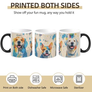 May include: White ceramic mug with a black handle. The mug features a colourful watercolour design of three dogs with their names "Cooper", "Max", and "Bella" printed on it. The mug is printed on both sides and is dishwasher, microwave, and steriliser safe.