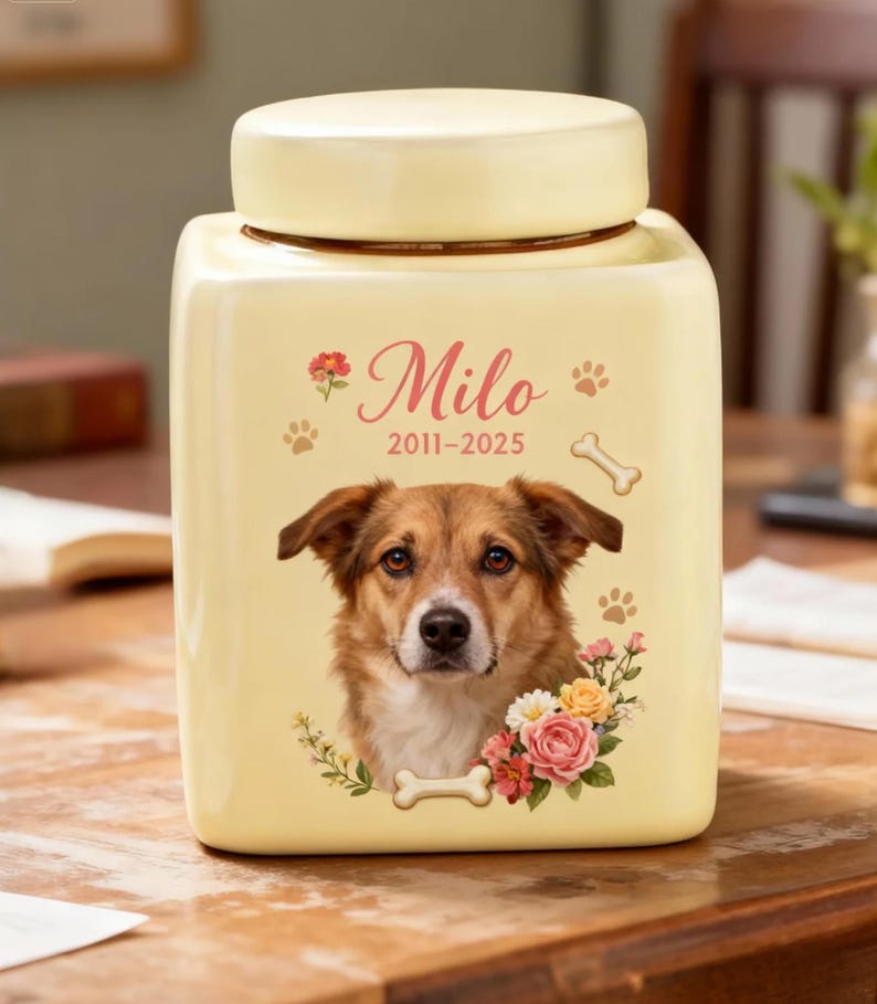 May include: A cream-coloured pet urn with a square shape and a matching lid. The urn features a portrait of a brown and white dog, the name "Milo", paw prints, and the years 2011-2025, with floral and bone accents.