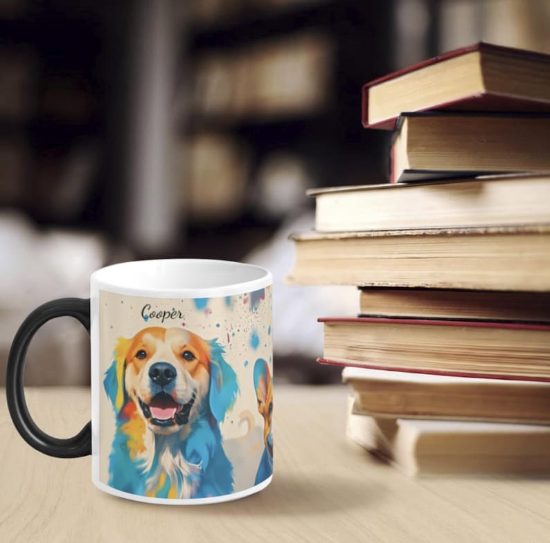 May include: White ceramic coffee mug with a black handle. The mug features a colourful illustration of a golden retriever dog with the name "Cooper" printed on the mug.