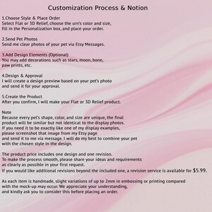 May include: A pink and white graphic with the text "Customization Process & Notion" and numbered steps for ordering a custom pet urn. The steps include choosing a style, sending photos, adding design elements, design approval, and product creation.