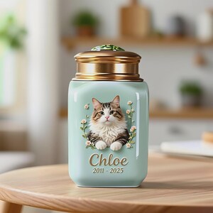 May include: A light teal pet urn with a gold-colored lid. The urn features a portrait of a cat named Chloe, surrounded by flowers. The text "Chloe 2011-2025" is below the cat portrait. The urn is on a wooden surface.