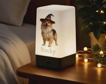 Anpassad sänglampa för hund, personlig nattlampa med foto och namn, USB-laddningsbar LED-lampa med 7 färger, present till förlust av husdjur, Halloween-temadekoration