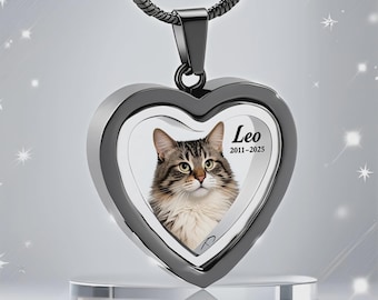 Personalized Heart Cat Photo Necklace, Cremation Jewelry Urn for Ashes, Pet Loss Memorial Keepsake,Hair Fur Holder Pendant,Pet Sympathy Gift