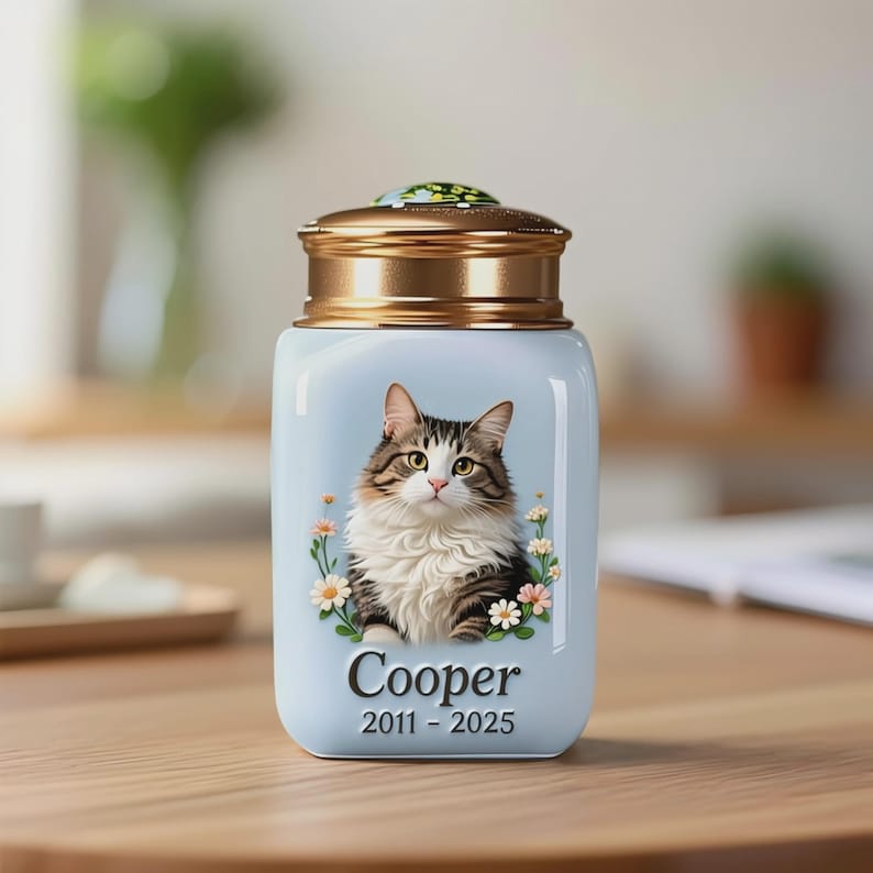 May include: A light blue pet urn with a portrait of a tabby cat, surrounded by flowers. The urn has a gold-colored lid and the name "Cooper" with the years 2011-2025 printed on the front. The urn is sitting on a wooden surface.