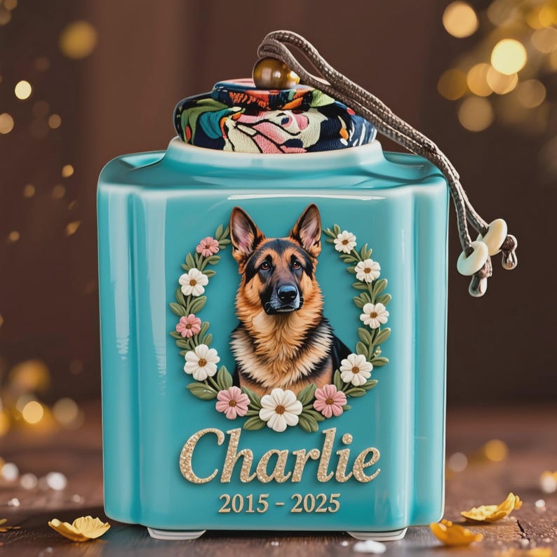 May include: A turquoise ceramic pet urn with a German Shepherd portrait inside a floral wreath. The urn is personalized with the name "Charlie" and the years "2015-2025". The lid features a floral pattern and a decorative cord.