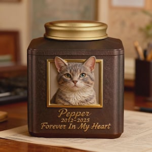 May include: A brown pet urn with a gold lid and a framed portrait of a gray tabby cat. The cat's name, "Pepper", and dates 2012-2025 are inscribed below the portrait, along with the phrase "Forever In My Heart".