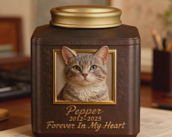 Urne pour chat en métal avec cadre photo, urne commémorative avec photo de chat personnalisée, souvenir de crémation pour portrait d'animal de compagnie 3D, cadeau souvenir pour animal de compagnie, grande urne pour animal de compagnie