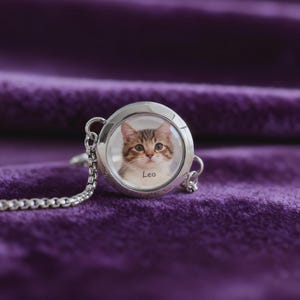 May include: A silver-colored pendant necklace featuring a clear, round locket with a photo of a tabby cat. The cat has brown and white fur and the name "Leo" is printed below the image. The necklace is displayed on a purple velvet surface.