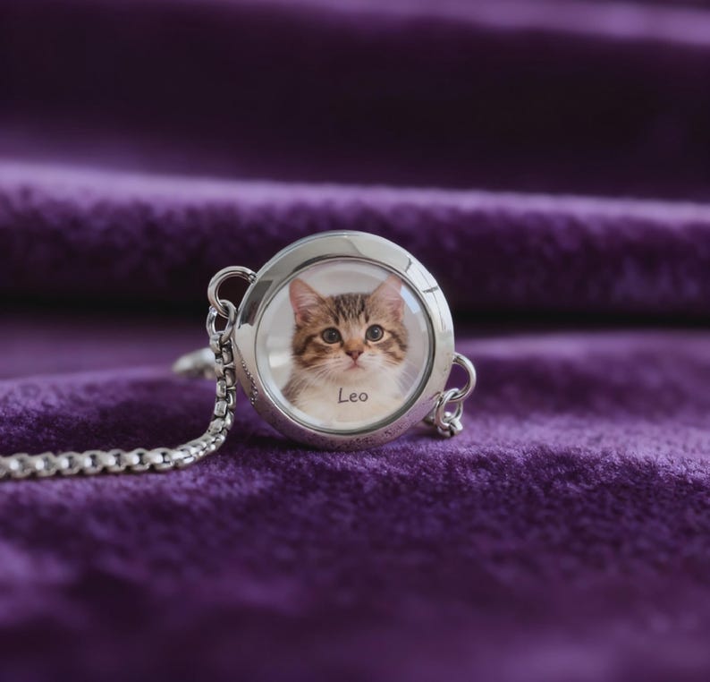 May include: A silver-colored pendant necklace featuring a clear, round locket with a photo of a tabby cat. The cat has brown and white fur and the name "Leo" is printed below the image. The necklace is displayed on a purple velvet surface.