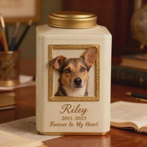 Może przedstawiać: Kremowa urna pamiątkowa dla zwierząt z pokrywą w kolorze złotym. Urna posiada oprawiony portret psa z imieniem "Riley", latami "2011-2025" i frazą "Forever In My Heart".