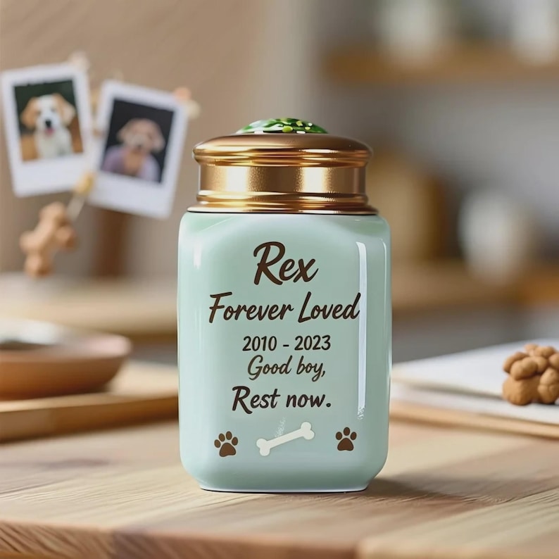 May include: A light green pet urn with a gold-colored lid. The urn is inscribed with the name "Rex", the phrase "Forever Loved", dates, and the words "Good boy, Rest now." Paw prints and a bone are also featured.