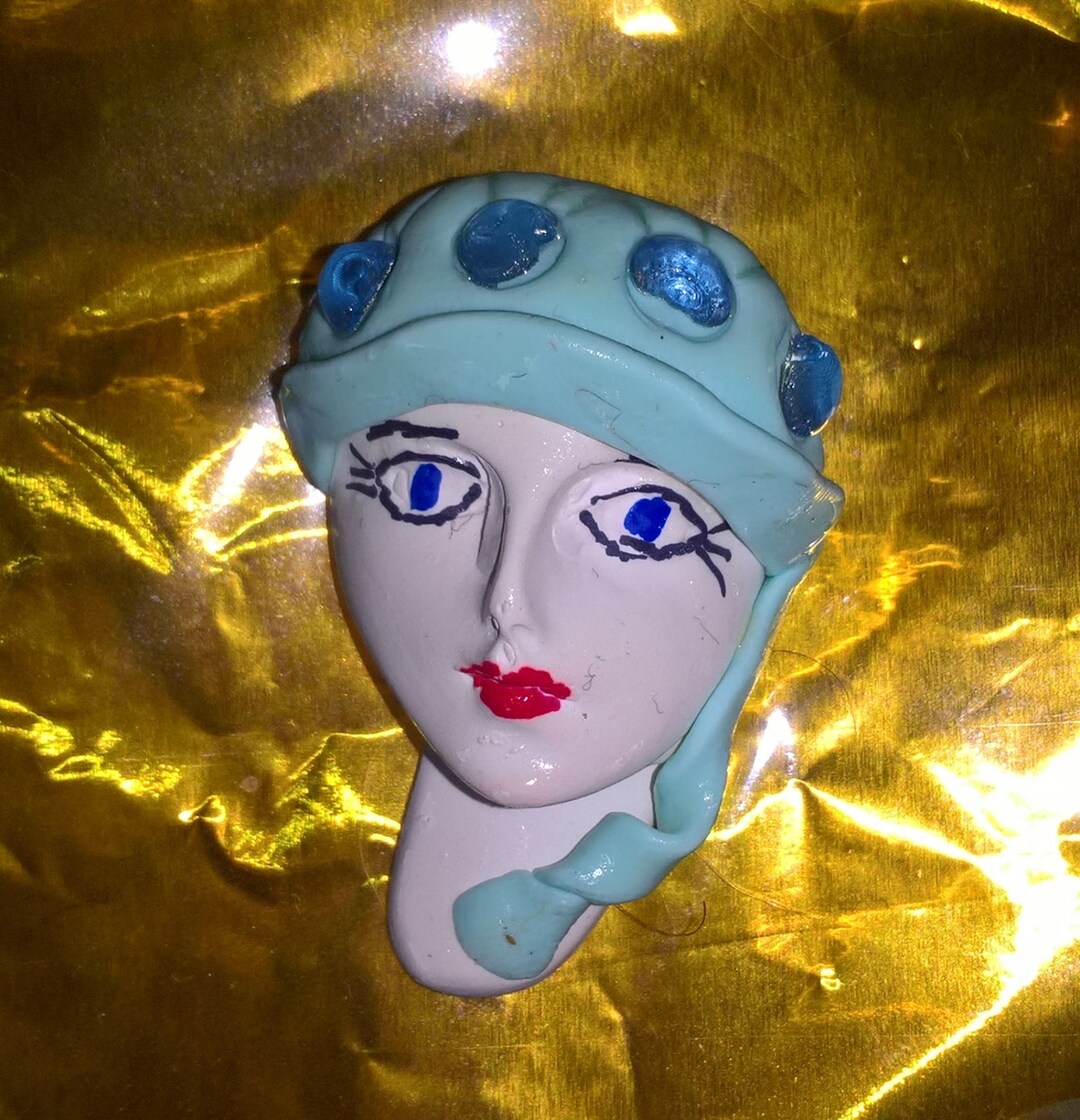 Lady Face Brooch With 20's Style Blue Hat Etsy UK