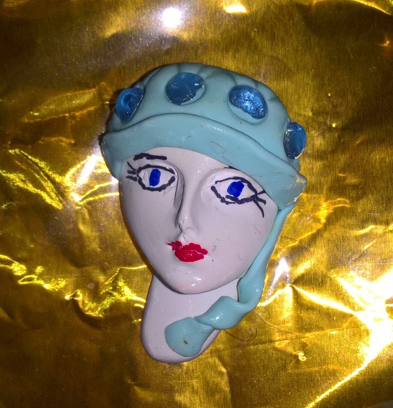 Lady Face Brooch With 20's Style Blue Hat Etsy UK
