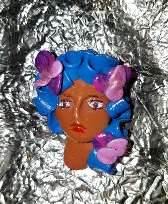 Front Face Lady Face Brooch With Blue and Purple Ribbon Style Etsy