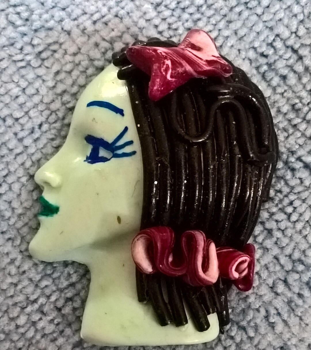 Side Facing Lady Face Brooch With Blue Skin and Blue Hair Design Etsy