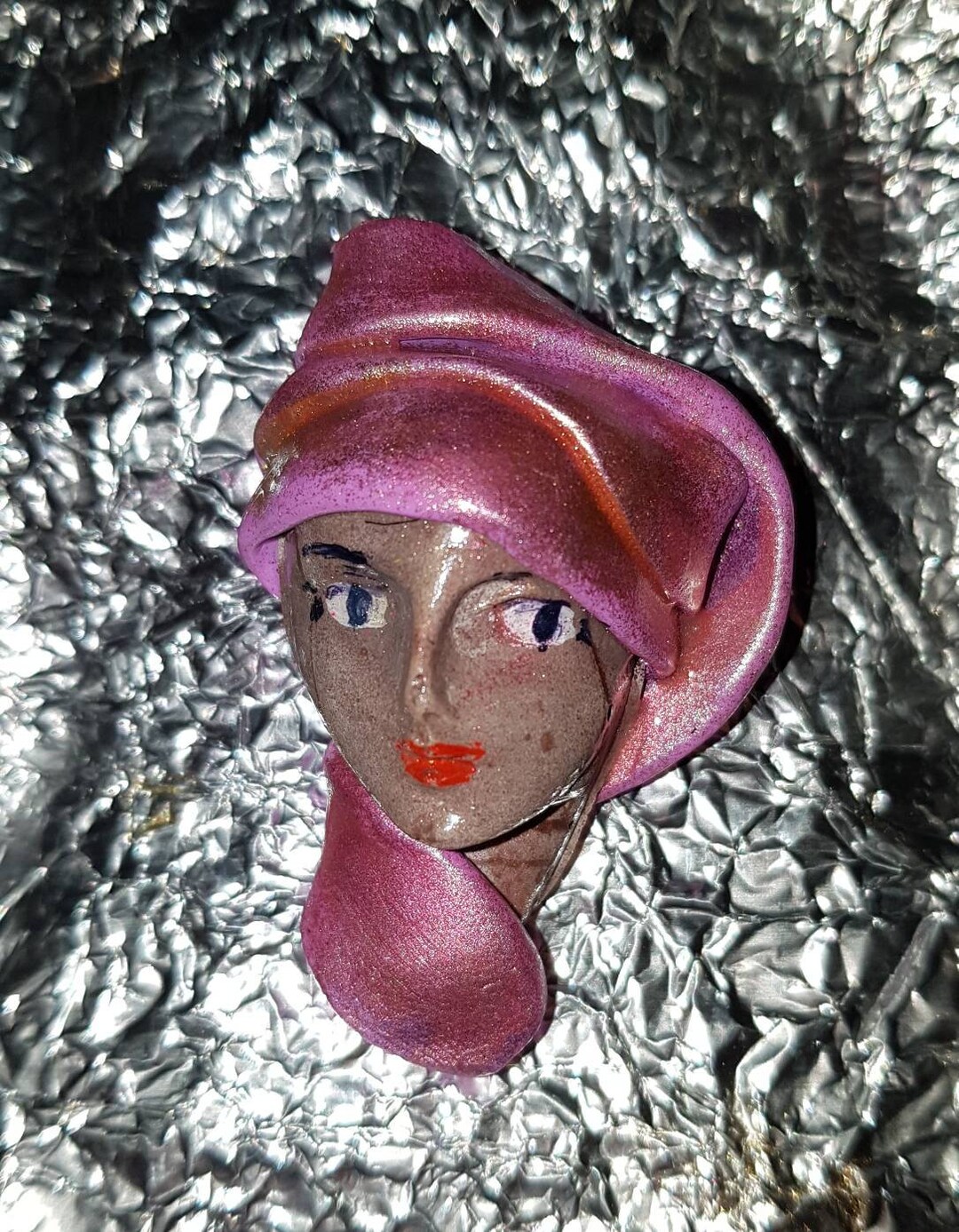 Front Face Lady Face Brooch With Pink and Gold Scarf Style Etsy