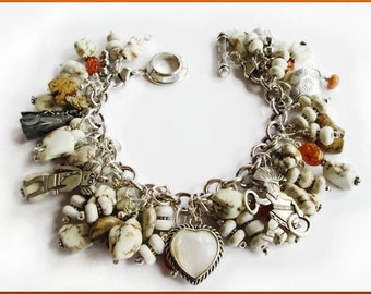 Sterling Silver Moonstone Heart Charm Bracelet with White Stones and Treasures