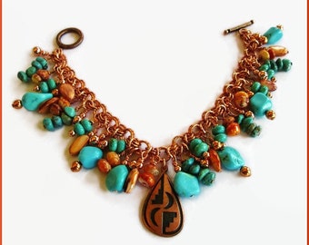 Copper and Turquoise Spiny Oyster Charm Bracelet Southwestern Desert Sky Vivid Colors