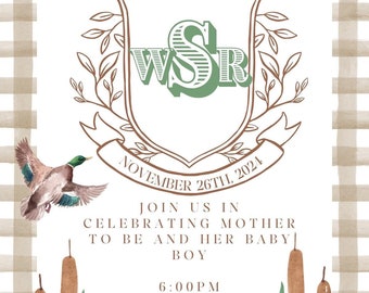 Baby Shower Invitation Hunting Dog and Duck with Crest and Initials