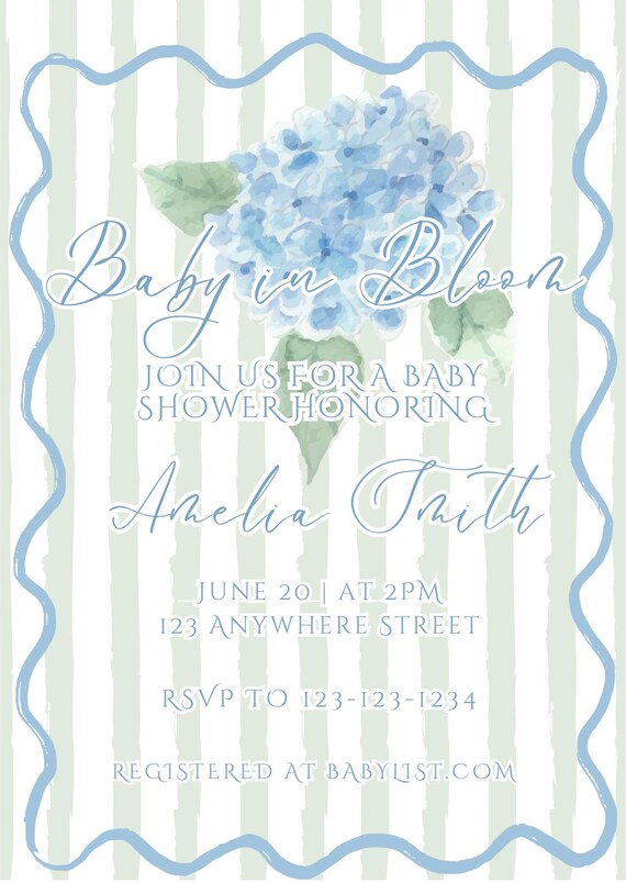 Baby in Bloom Shower Invitation Template, Editable Canva Invite, Floral Hydrangea Garden Party, Printable 5x7, Instant Download