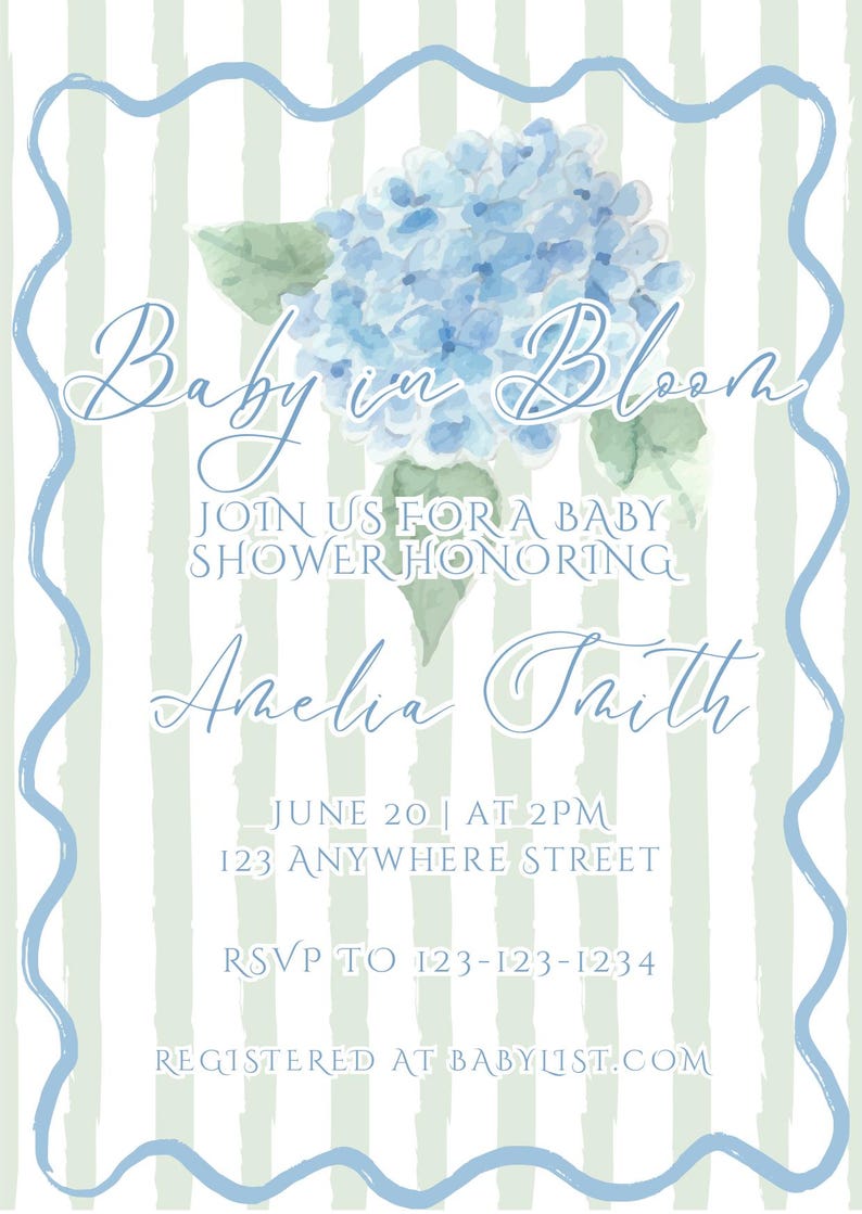 May include: Baby shower invitation with a watercolor blue hydrangea design. The invitation features the text "Baby in Bloom" and details for the event, including the name Amelia Smith, date, time, and location. The background has a striped pattern.