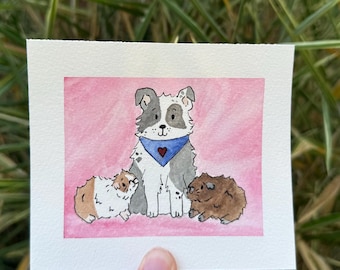 Individuelles Haustierporträt, Gemälde einer Haustierfamilie, Aquarell-Kunstdruck