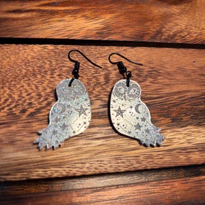May include: A pair of silver glitter owl earrings with black hooks. The owls have a moon and stars design.