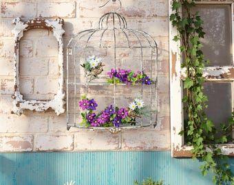 Vintage Style Wall Shelf, Unique Design Bird Cage, Shabby Chic Plant Holder, Hand Carved Wall Decor, Industrial Metal Shelf, Plant Storage.