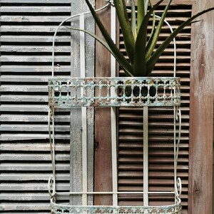 May include: A distressed white metal hanging planter with a light blue patina, holding a green aloe vera plant. The planter has a rectangular shape with a decorative railing and a curved handle. The background features weathered wooden shutters.