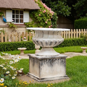 May include: A white garden urn with a distressed finish sits on a square pedestal. The urn is made of a durable material and has a classic design. The urn is surrounded by green grass and flowers.