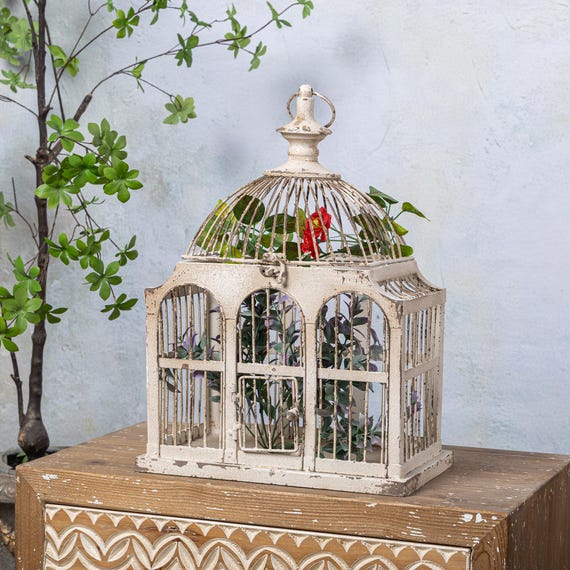 Vintage Metal Bird Cage, Shabby Chic Plant Display, Hand Carved