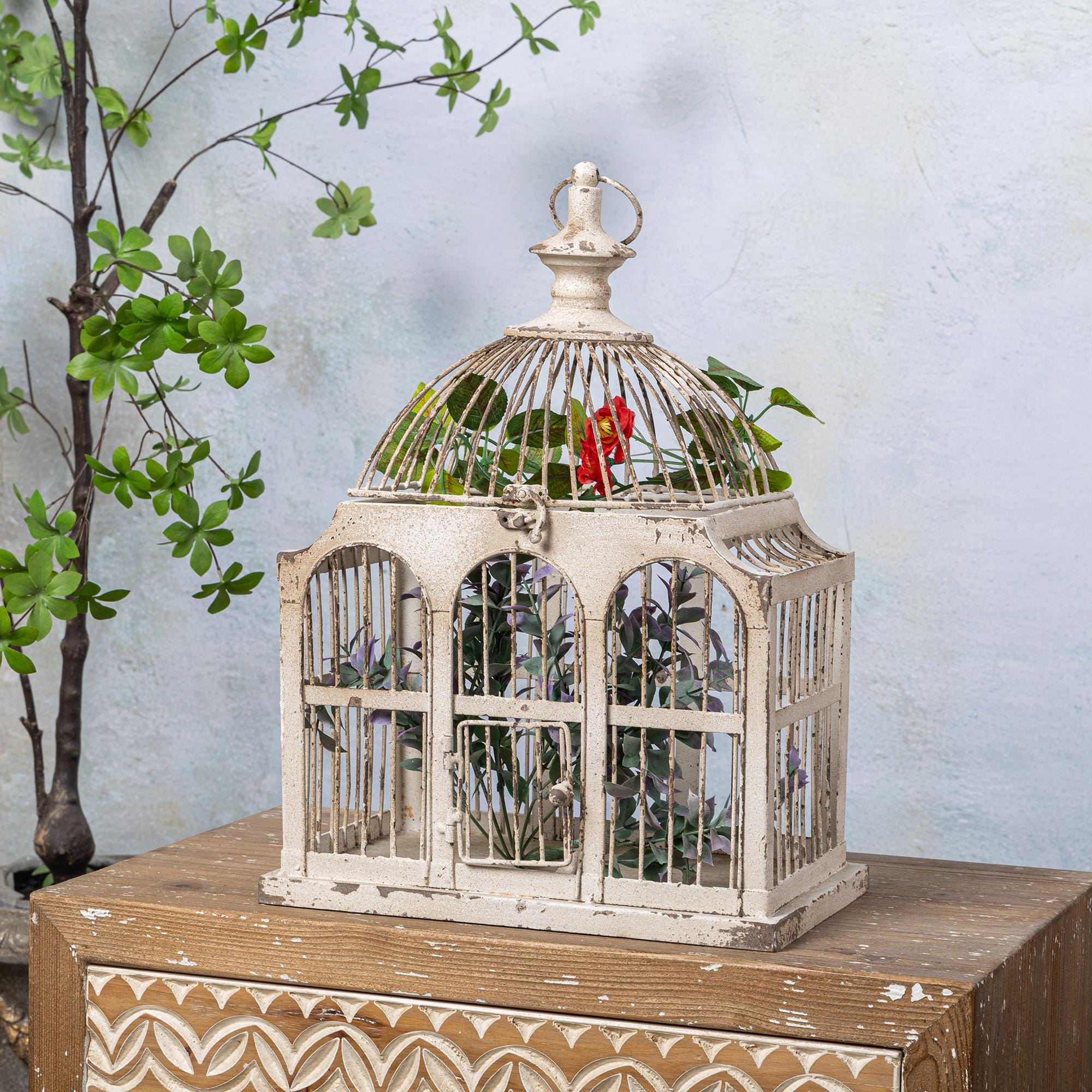 Vintage Metal Bird Cage, Shabby Chic Plant Display, Hand Carved