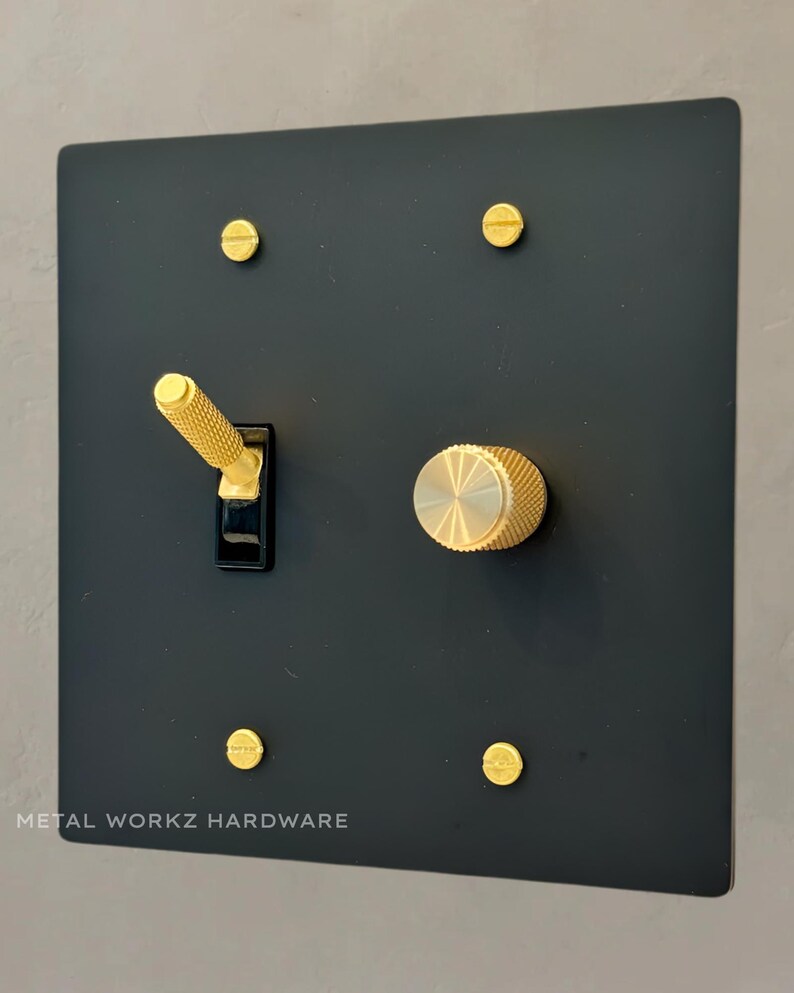 Brass Modern Toggle Light Switch + Rotary Dimmer Switch (2-gang) Black ...
