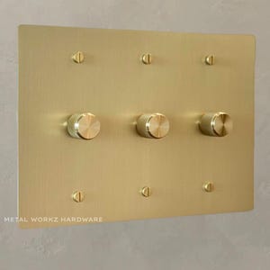 May include: A gold metal wall plate with three round knobs. The plate has six small screw holes around the perimeter. The text "METAL WORKKZ HARDWARE" is at the bottom of the plate.