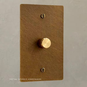 Puede incluir: Una placa de interruptor de luz rectangular de latón con un mando regulador redondo y dos cabezas de tornillo. La placa tiene un acabado cepillado. El texto "METAL WORKZ HARDWARE" está impreso en la parte inferior.