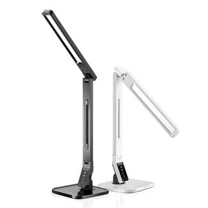 May include: Two modern desk lamps, one black and one white, are displayed against a white background. Each lamp has a rectangular base, a vertical stem, and an adjustable, rectangular light panel. The lamps have touch-sensitive controls.