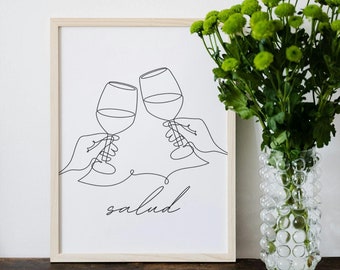 Salud Wall Art - Cheers Wall Art - Neutral Colored Digital Download Print - Wine Glass Art - Dining Room, Kitchen, Bar Art